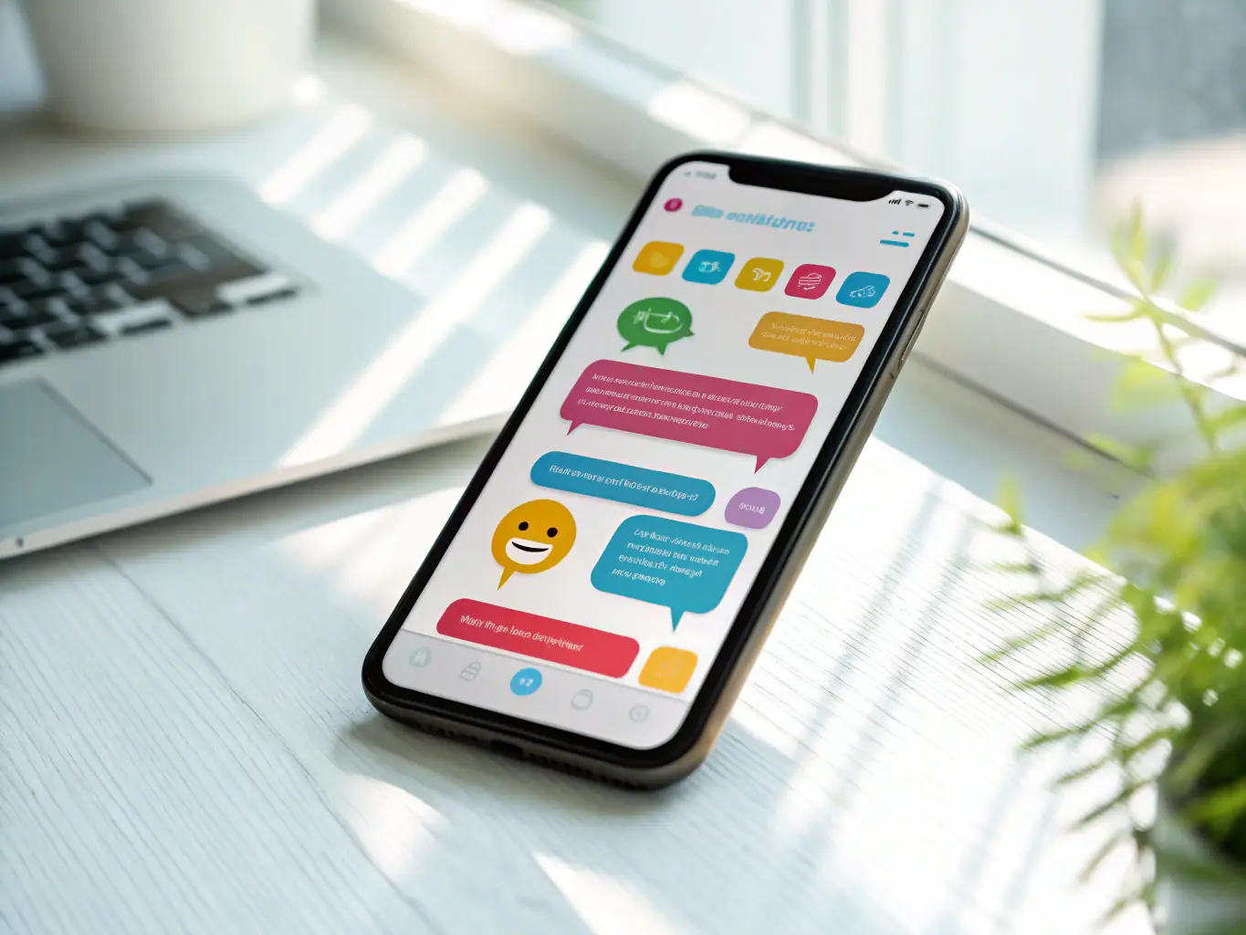 A modern smartphone screen displaying an AI chatbot conversation with a business profile, with neon cyan accents, representing BlinkerLabs' AI Chatbots & Automation service.